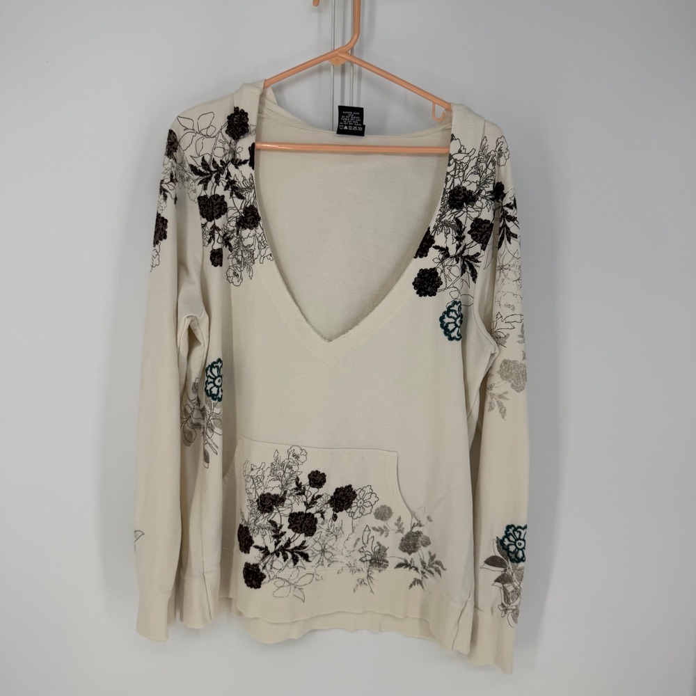 Vanity Hoodie Womens 2XL Cream Floral Graphic V-Neck Cotton Y2K Fairycore Indie